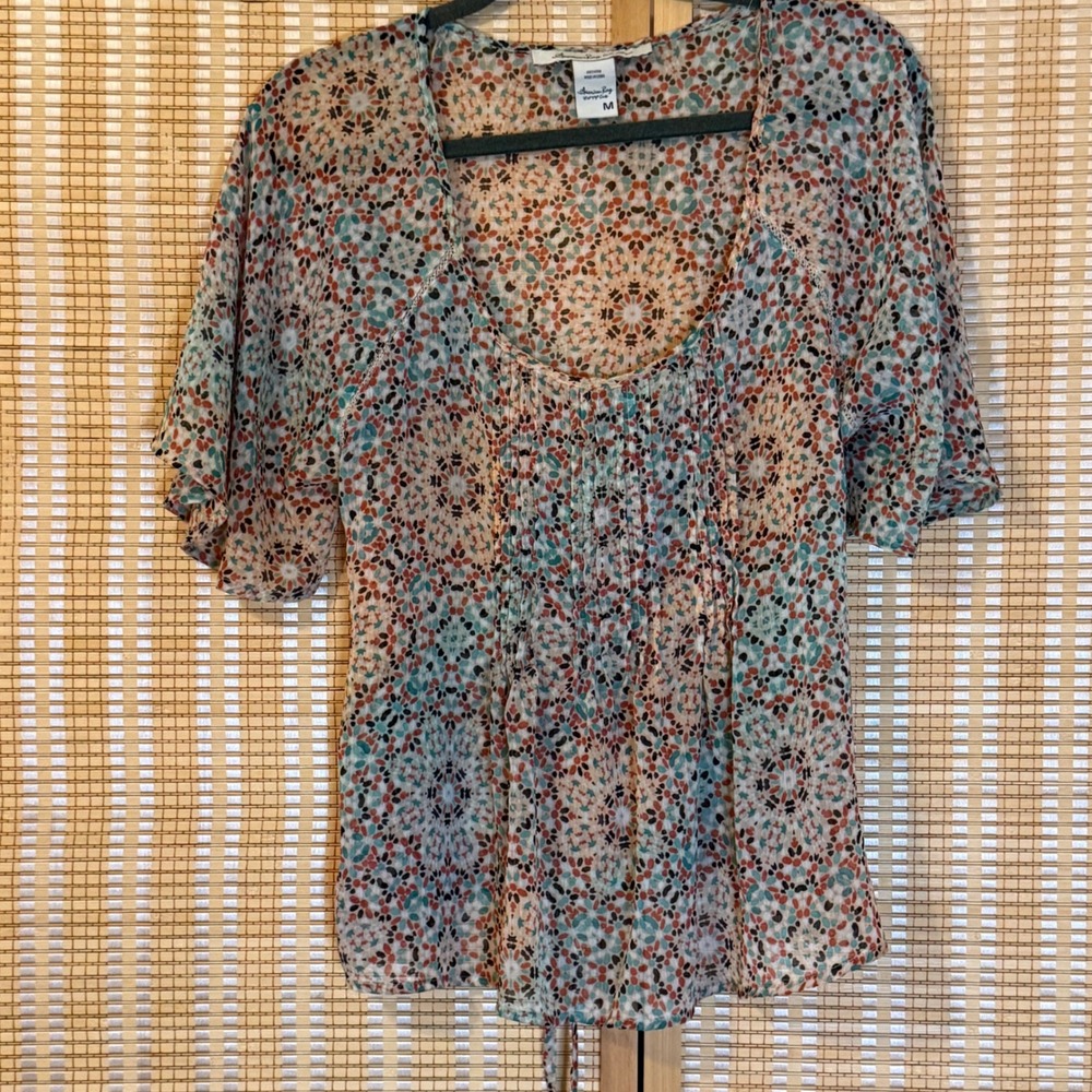 American Rag Cie Womens Medium Sheer Kaleidoscope Print Pintuck Tie Back Blouse
